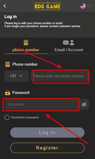 enter details for login in bdg win game